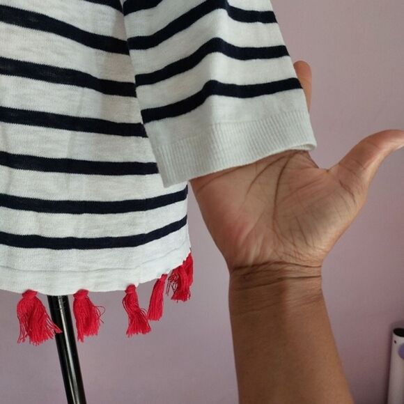 Talbots Cotton Blend V-Neck Black White Stripe 3/4 Sleeves Knit Top Size S NWT - Picture 5 of 10